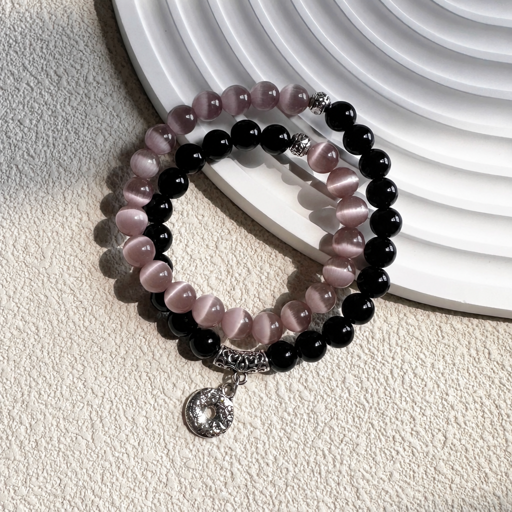 Obsidian cat's eye stone antique style bracelet