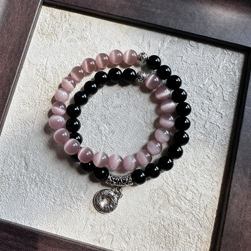 Obsidian cat's eye stone antique style bracelet